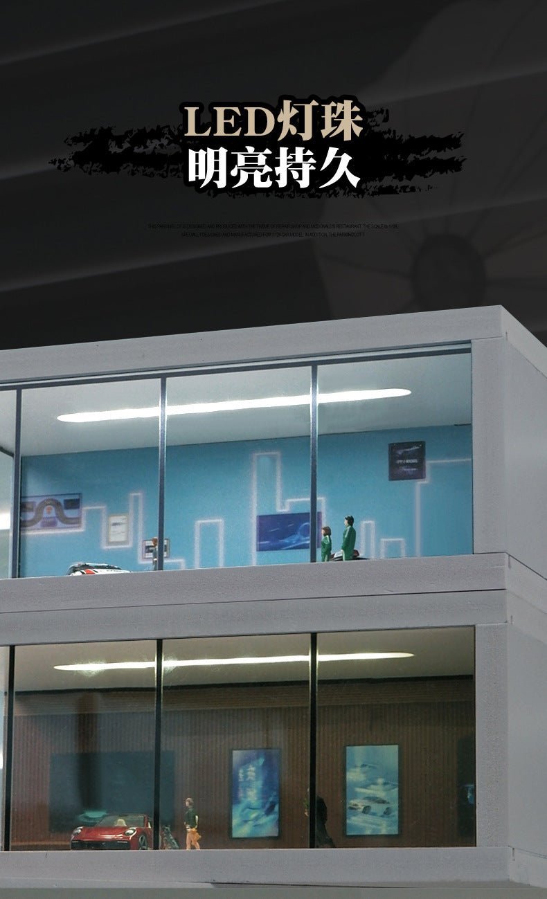 Car Showroom Scene Diorama with Lights (Black/Brown/Blue) (Does not include figures or model cars) - Inaboxstore