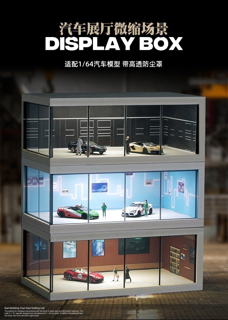 Car Showroom Scene Diorama with Lights (Black/Brown/Blue) (Does not include figures or model cars) - Inaboxstore