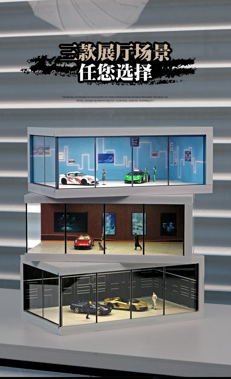 Car Showroom Scene Diorama with Lights (Black/Brown/Blue) (Does not include figures or model cars) - Inaboxstore