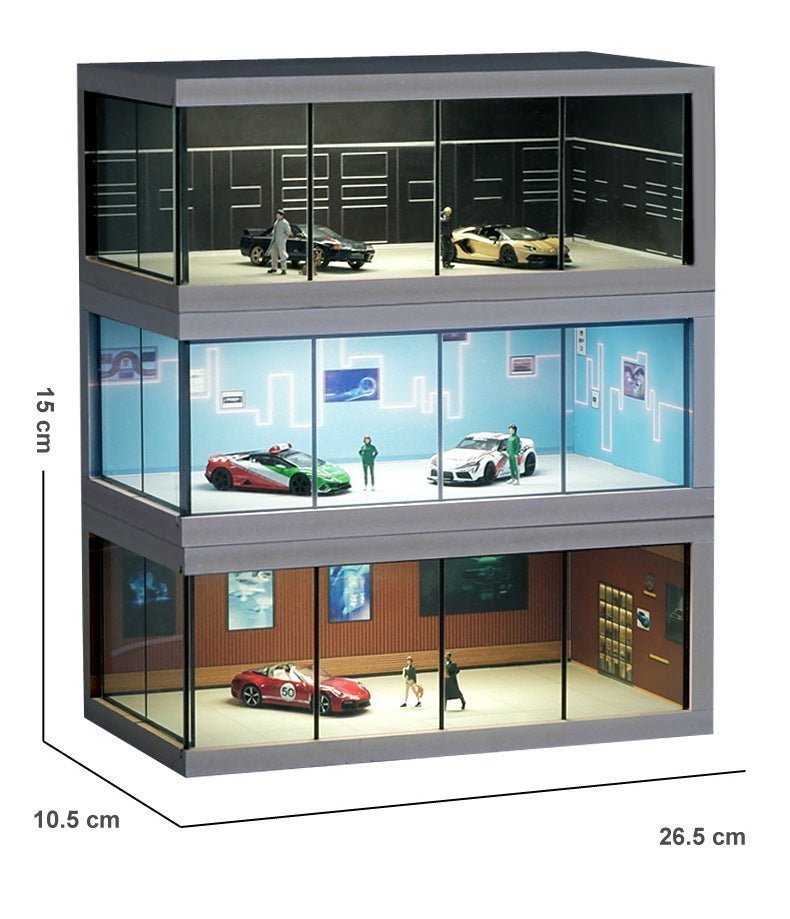 Car Showroom Scene Diorama with Lights (Black/Brown/Blue) (Does not include figures or model cars) - Inaboxstore