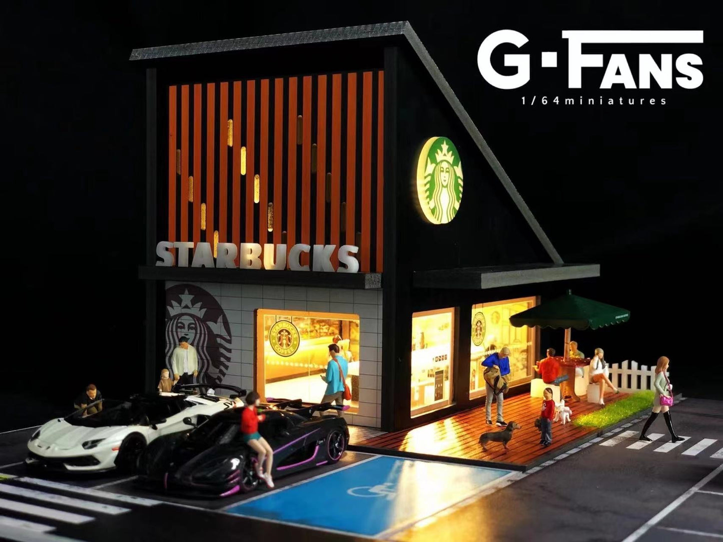 G - Fans 1:64 Scale LED - Illuminated Starbucks Coffee House Diorama (Cars & Model not included) - Inaboxstore