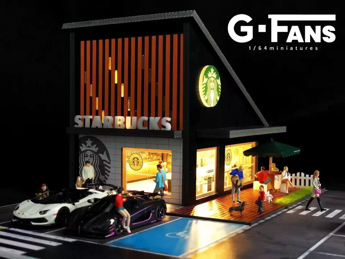 G - Fans 1:64 Scale LED - Illuminated Starbucks Coffee House Diorama (Cars & Model not included) - Inaboxstore