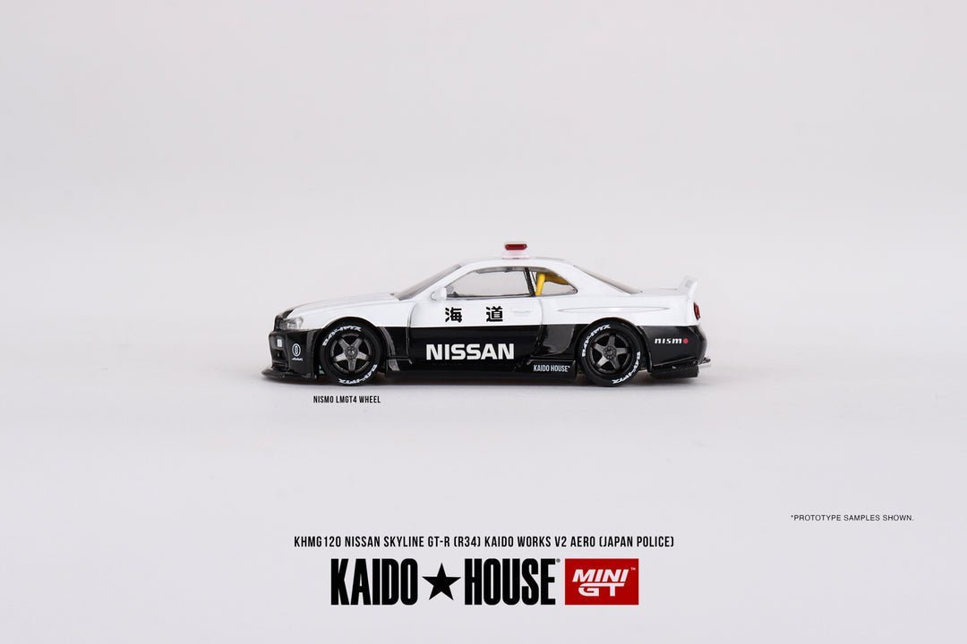 Kaido House + Mini GT 1:64 Nissan Skyline GT - R R34 Kaido Works (V2 Aero) Police KHMG120 - Inaboxstore