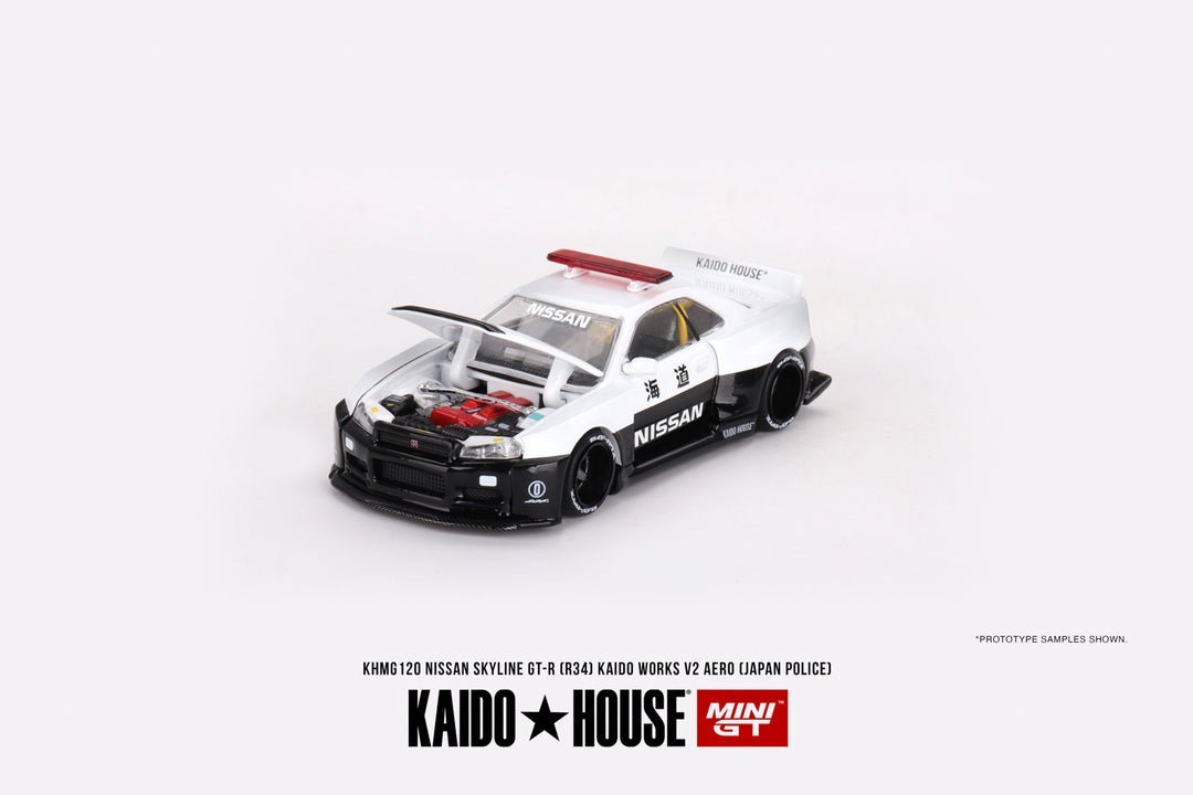 Kaido House + Mini GT 1:64 Nissan Skyline GT - R R34 Kaido Works (V2 Aero) Police KHMG120 - Inaboxstore