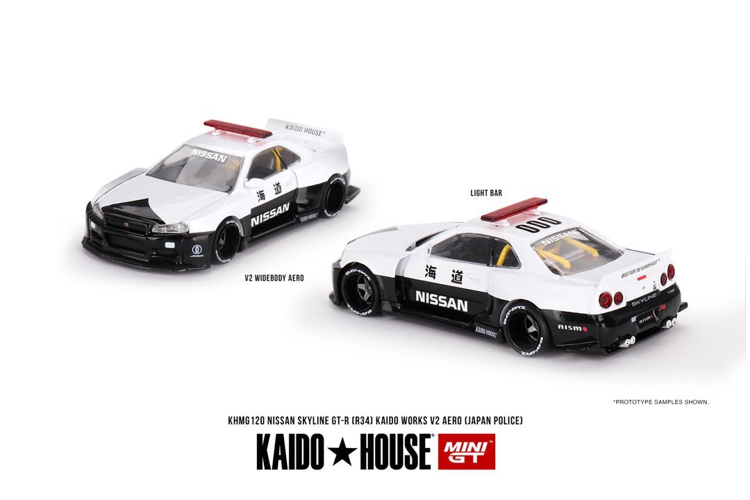 Kaido House + Mini GT 1:64 Nissan Skyline GT - R R34 Kaido Works (V2 Aero) Police KHMG120 - Inaboxstore