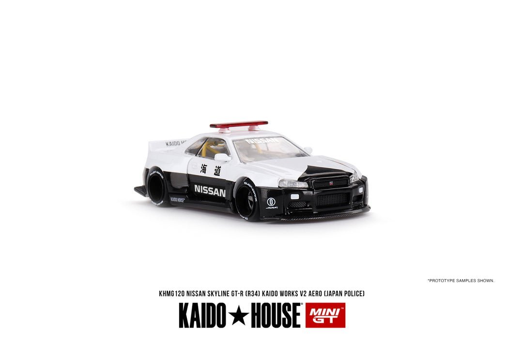 Kaido House + Mini GT 1:64 Nissan Skyline GT - R R34 Kaido Works (V2 Aero) Police KHMG120 - Inaboxstore