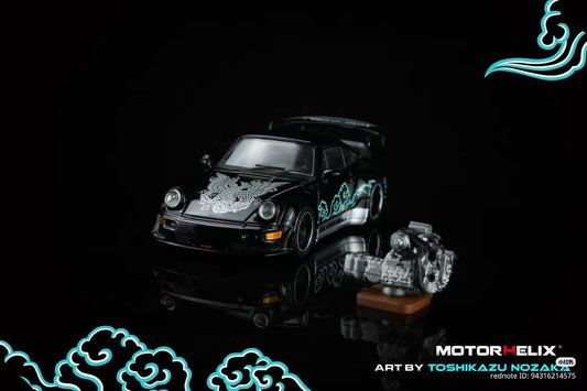 Preorder Motorhelix 1:64 Diecast Porsche RWB 964 Silver Fenix Black with engine - Inaboxstore