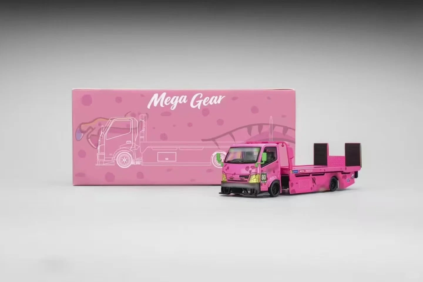 Megagear 1:64 Custom Tow Truck Pink Dinosaur Roxy livery, Metallic Green Dinosaur Rexy livery