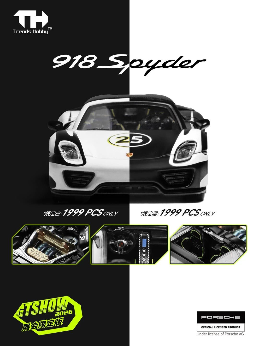 GTSHOW 2026 EXCLUSIVE Trends Hobby Porsche 918 spyder Black, White Limited to 1999 - Inaboxstore