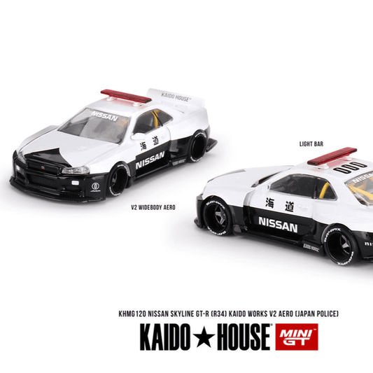 Kaido House + Mini GT 1:64 Nissan Skyline GT - R R34 Kaido Works (V2 Aero) Police KHMG120 - Inaboxstore
