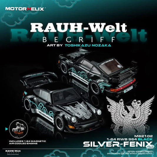 Preorder Motorhelix 1:64 Diecast Porsche RWB 964 Silver Fenix Black with engine - Inaboxstore